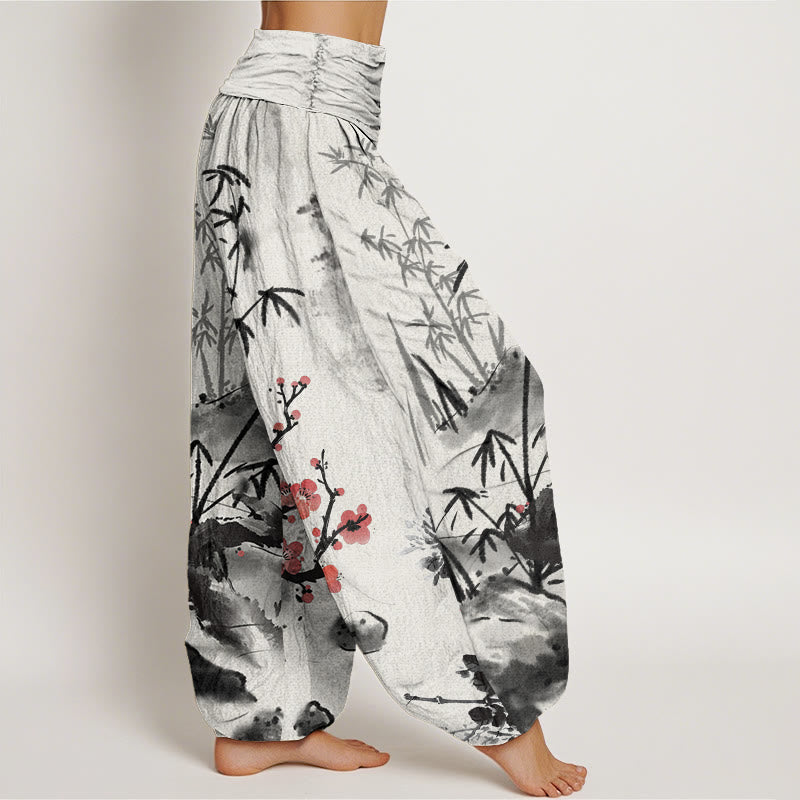 Buddha Stones Cotton Plum Blossoms Bamboo Orchids Chrysanthemums Pattern Women's Elastic Waist Harem Pants - image 1