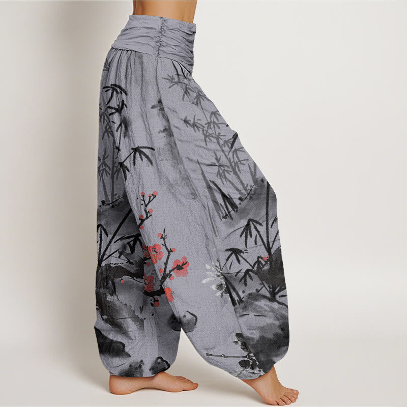 Buddha Stones Cotton Plum Blossoms Bamboo Orchids Chrysanthemums Pattern Women's Elastic Waist Harem Pants - image 8