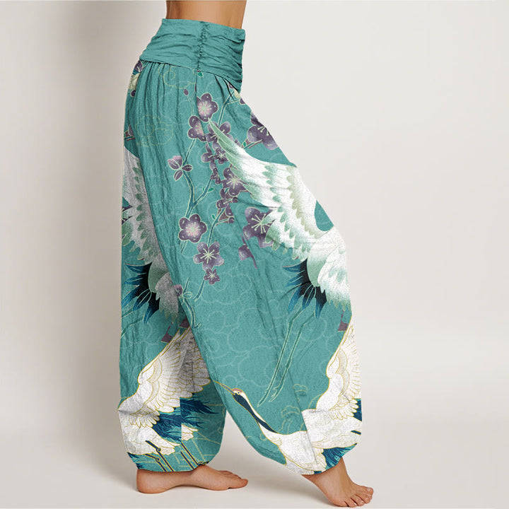 Buddha Stones Cotton Cranes Flowers Auspicious Clouds pattern Women's Elastic Waist Harem Pants - image 6