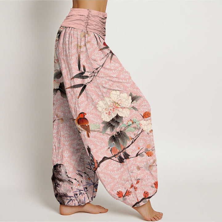 Buddha Stones Warbler Bird Blooming Flower Branches Mandala Pattern Women's Elastic Waist Harem Pants - image 8