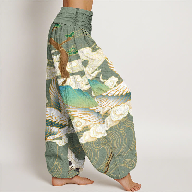 Buddha Stones Flying Cranes Auspicious Clouds Tree women's Elastic Waist Harem Pants - image 6