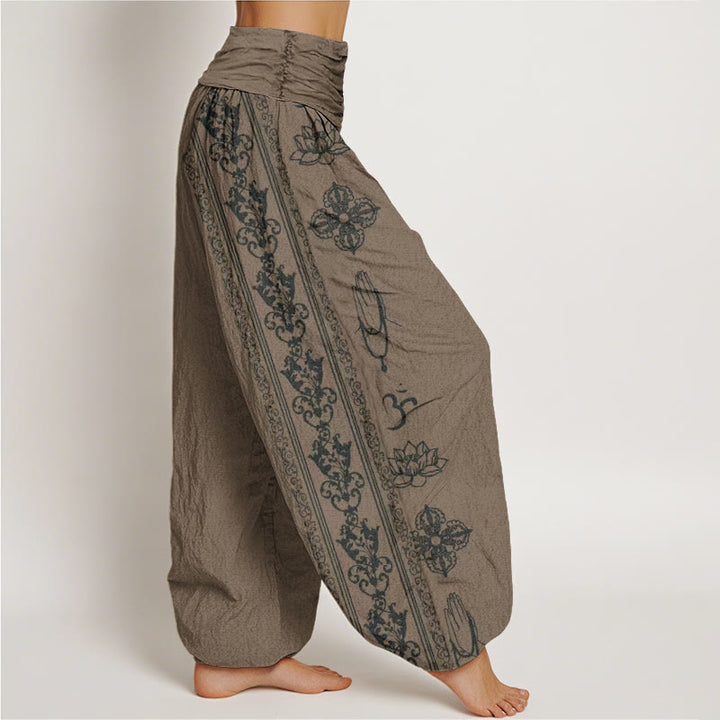 Buddha Stones Cotton Lotus Flowers Double Dorje Vajra Namaste Om Design Women's Elastic Waist Harem Pants - image 19