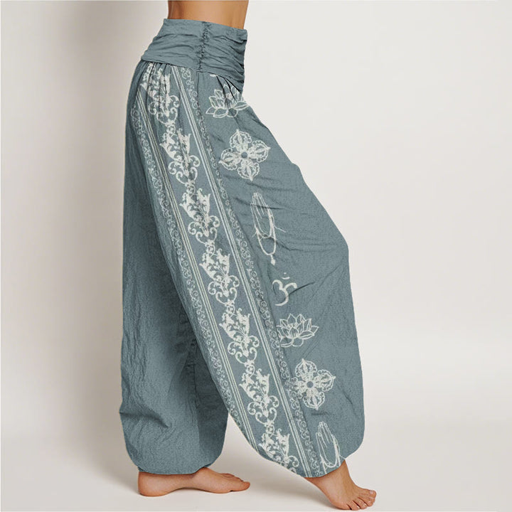 Buddha Stones Cotton Lotus Flowers Double Dorje Vajra Namaste Om Design Women's Elastic Waist Harem Pants - image 6