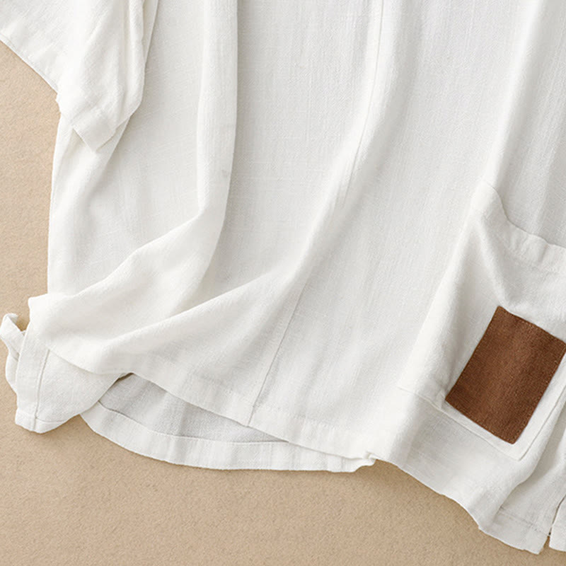 Buddha Stones Colorblock Side Slit  Frog-Button Cotton Linen Half Sleeve Women's Shirt With Pockets - image 20