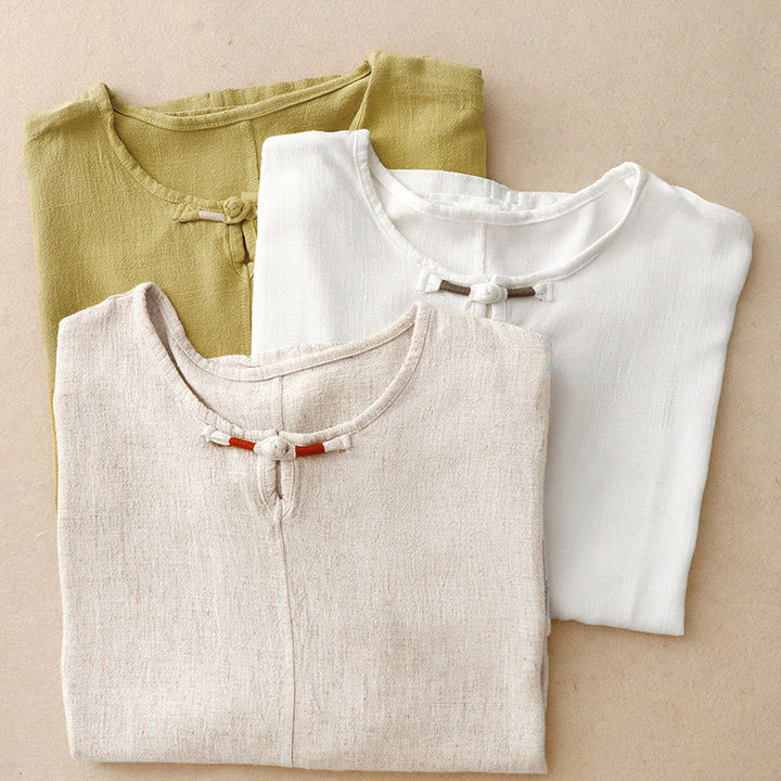 Buddha Stones Colorblock Side Slit  Frog-Button Cotton Linen Half Sleeve Women's Shirt With Pockets - image 22