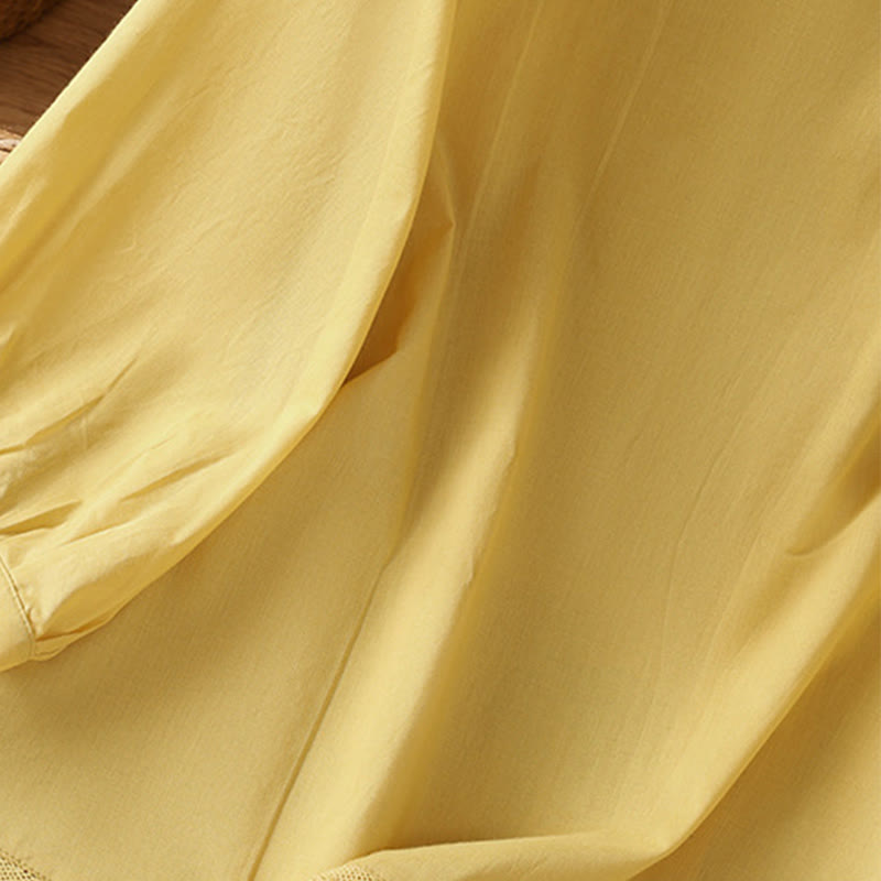 Buddha Stones Plain Lace Hem Single Breasted Button Cotton Linen Three Quarter Sleeve Women's Crew Neck Shirt - image 8