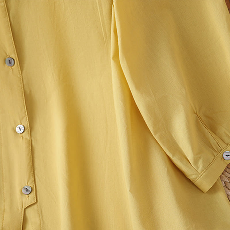 Buddha Stones Plain Lace Hem Single Breasted Button Cotton Linen Three Quarter Sleeve Women's Crew Neck Shirt - image 2