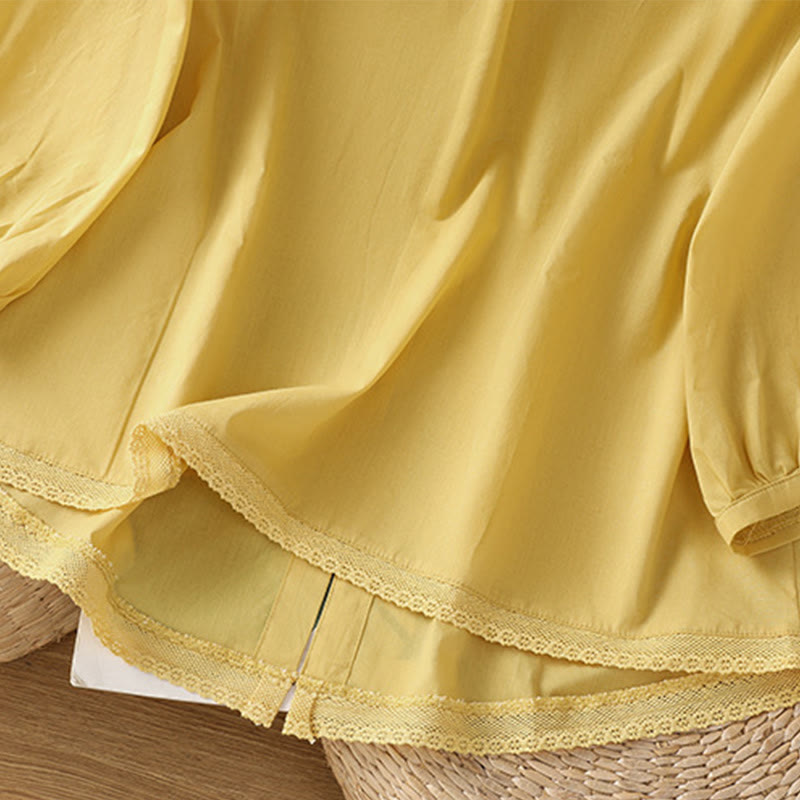 Buddha Stones Plain Lace Hem Single Breasted Button Cotton Linen Three Quarter Sleeve Women's Crew Neck Shirt - image 7