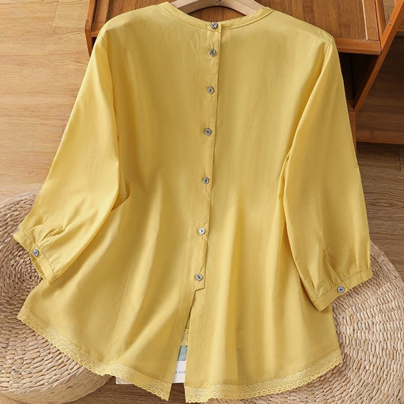 Buddha Stones Plain Lace Hem Single Breasted Button Cotton Linen Three Quarter Sleeve Women's Crew Neck Shirt - image 1