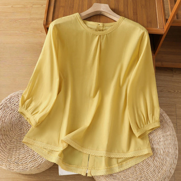 Buddha Stones Plain Lace Hem Single Breasted Button Cotton Linen Three Quarter Sleeve Women's Crew Neck Shirt - Khaki - US14，UK/AU18，EU46 (2XL) - image 1