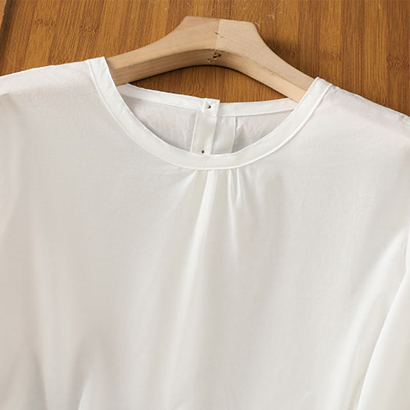 Buddha Stones Plain Lace Hem Single Breasted Button Cotton Linen Three Quarter Sleeve Women's Crew Neck Shirt - image 11