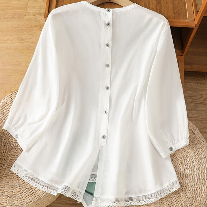 Buddha Stones Plain Lace Hem Single Breasted Button Cotton Linen Three Quarter Sleeve Women's Crew Neck Shirt - image 10