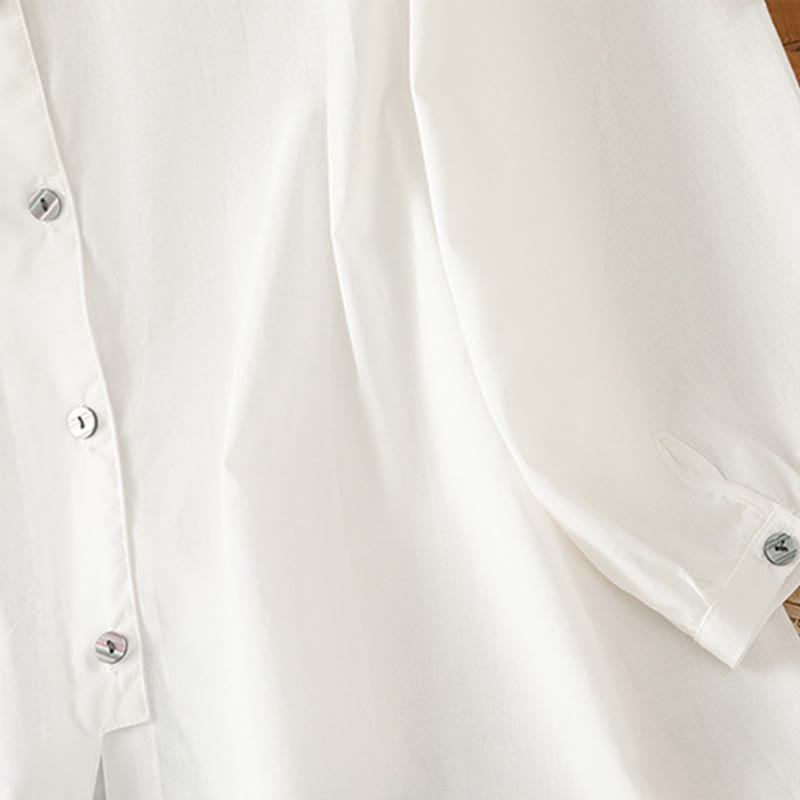 Buddha Stones Plain Lace Hem Single Breasted Button Cotton Linen Three Quarter Sleeve Women's Crew Neck Shirt - image 16