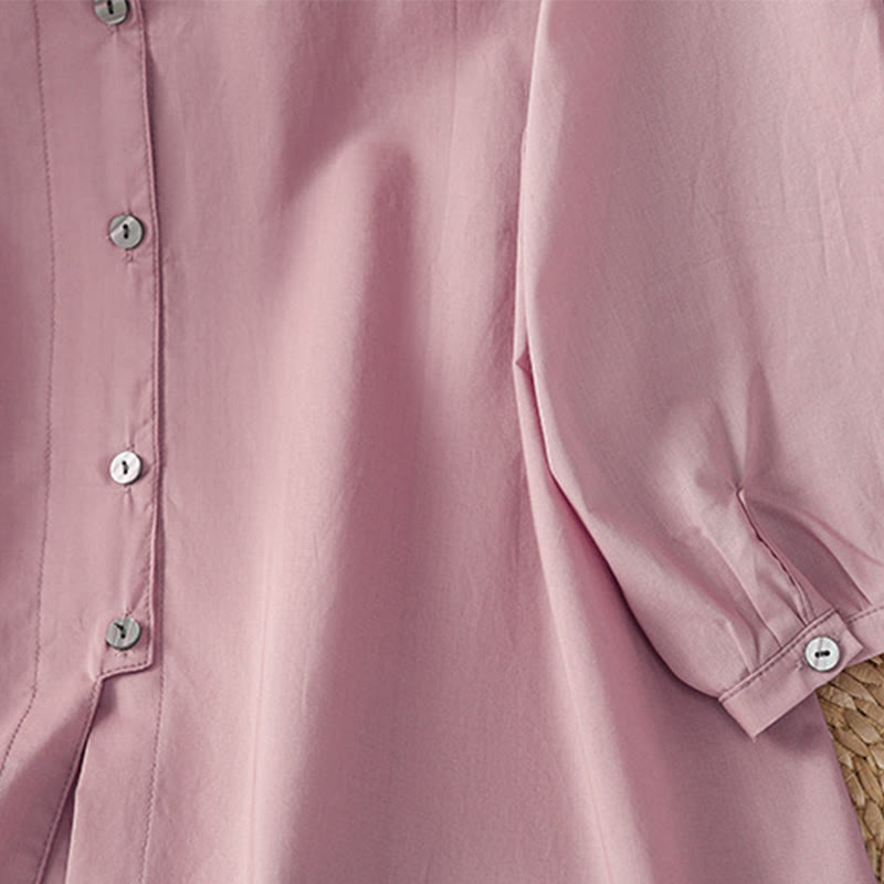 Buddha Stones Plain Lace Hem Single Breasted Button Cotton Linen Three Quarter Sleeve Women's Crew Neck Shirt - image 20