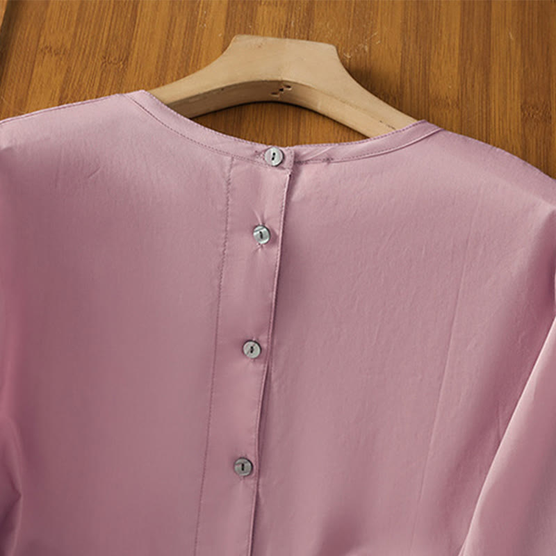 Buddha Stones Plain Lace Hem Single Breasted Button Cotton Linen Three Quarter Sleeve Women's Crew Neck Shirt - image 22