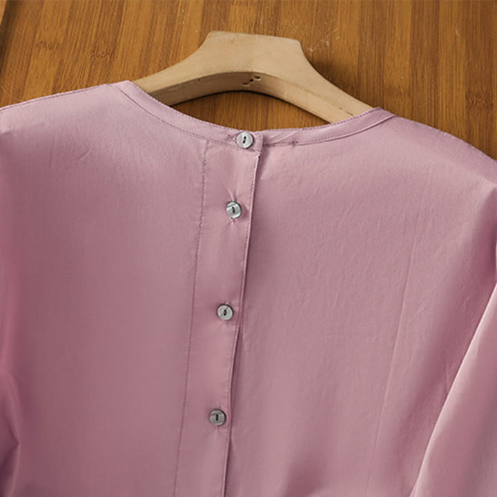 Buddha Stones Plain Lace Hem Single Breasted Button Cotton Linen Three Quarter Sleeve Women's Crew Neck Shirt - image 22
