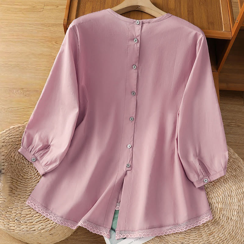 Buddha Stones Plain Lace Hem Single Breasted Button Cotton Linen Three Quarter Sleeve Women's Crew Neck Shirt - image 20
