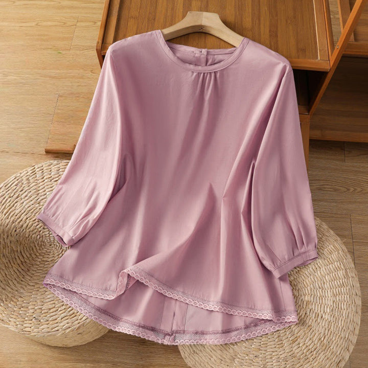 Buddha Stones Plain Lace Hem Single Breasted Button Cotton Linen Three Quarter Sleeve Women's Crew Neck Shirt - Plum - US14，UK/AU18，EU46 (2XL) - image 19