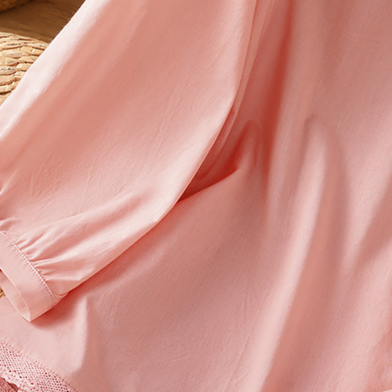 Buddha Stones Plain Lace Hem Single Breasted Button Cotton Linen Three Quarter Sleeve Women's Crew Neck Shirt - image 29