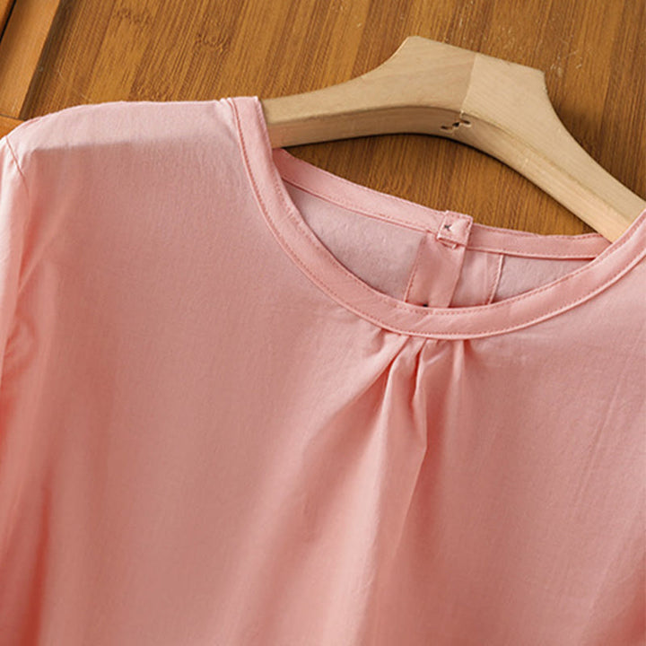 Buddha Stones Plain Lace Hem Single Breasted Button Cotton Linen Three Quarter Sleeve Women's Crew Neck Shirt - image 30