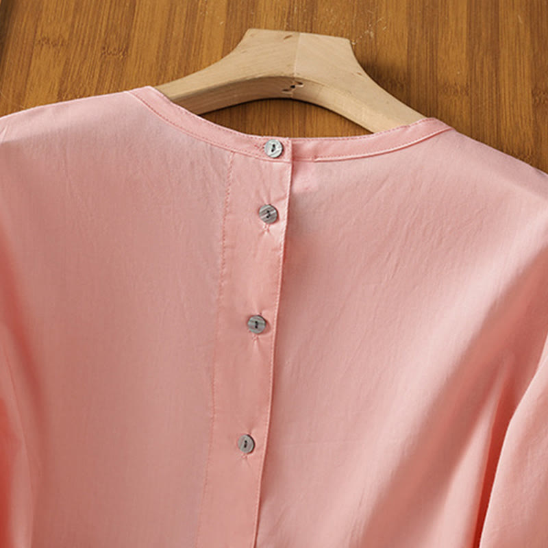 Buddha Stones Plain Lace Hem Single Breasted Button Cotton Linen Three Quarter Sleeve Women's Crew Neck Shirt - image 33