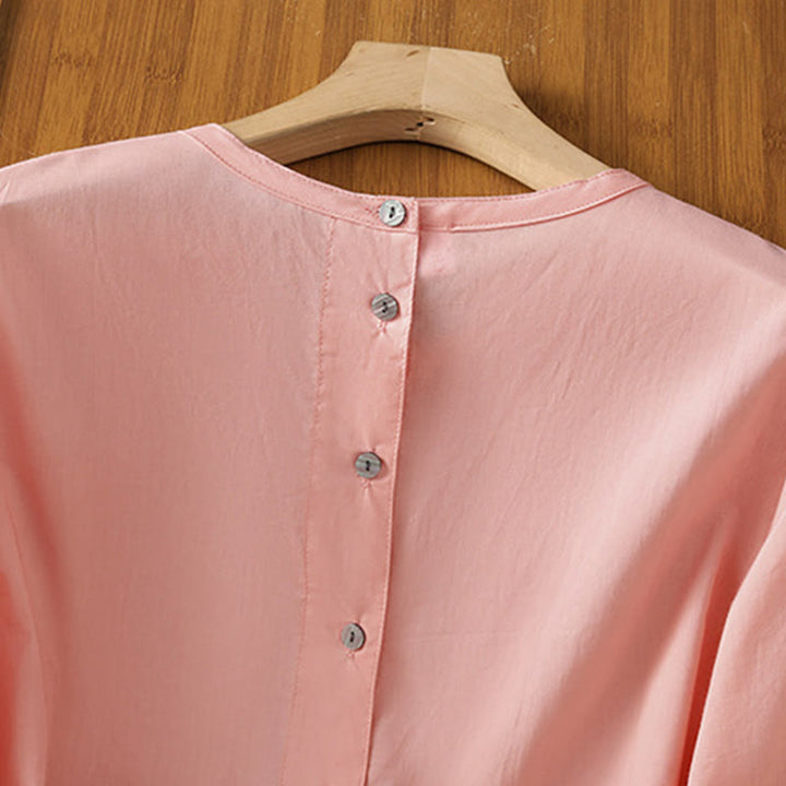 Buddha Stones Plain Lace Hem Single Breasted Button Cotton Linen Three Quarter Sleeve Women's Crew Neck Shirt - image 33
