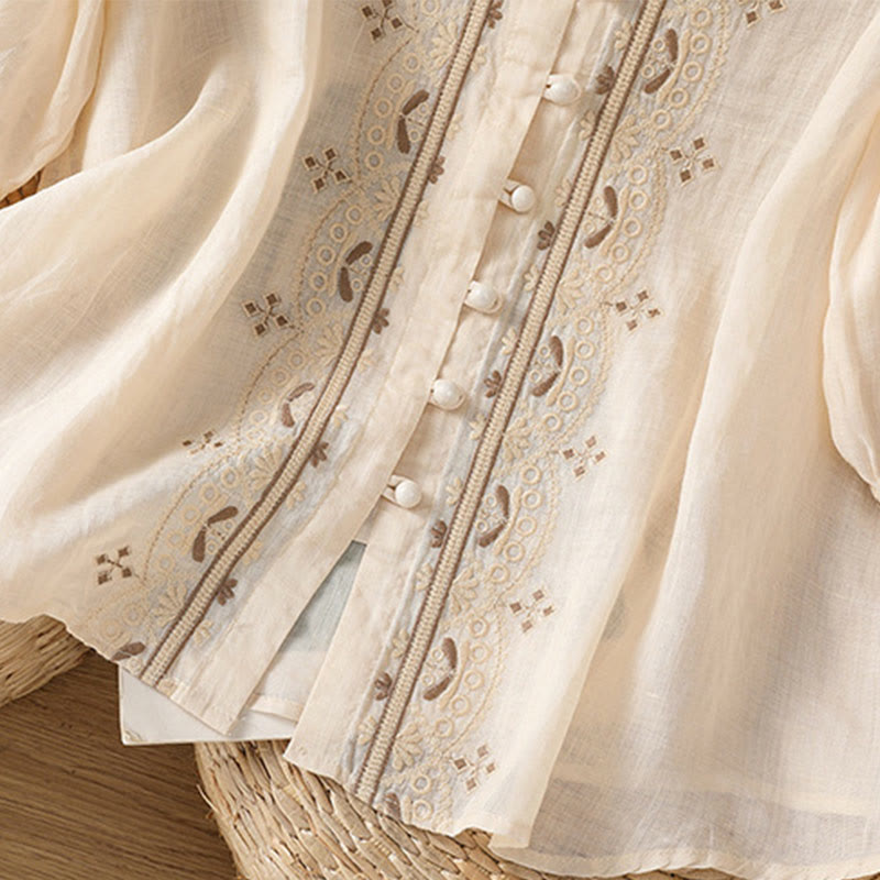 Buddha Stones Casual Embroidery Frog-Button Polyester Half Sleeve Women's V-neck Shirt - image 4