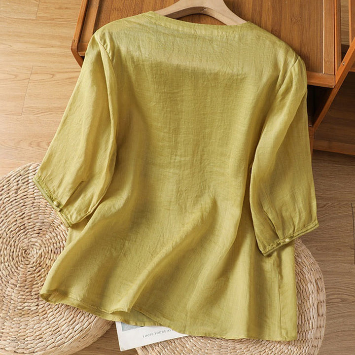 Buddha Stones Casual Embroidery Frog-Button Polyester Half Sleeve Women's V-neck Shirt - image 12