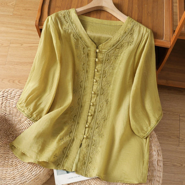 Buddha Stones Casual Embroidery Frog-Button Polyester Half Sleeve Women's V-neck Shirt - DarkKhaki - US12，UK/AU16，EU44 (2XL) - image 11