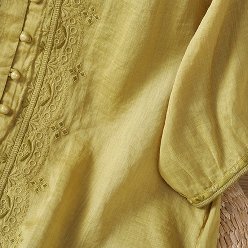 Buddha Stones Casual Embroidery Frog-Button Polyester Half Sleeve Women's V-neck Shirt - image 13