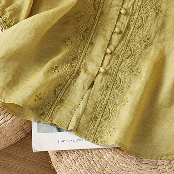 Buddha Stones Casual Embroidery Frog-Button Polyester Half Sleeve Women's V-neck Shirt - image 17