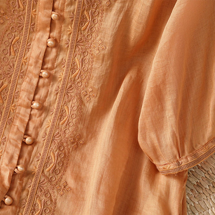 Buddha Stones Casual Embroidery Frog-Button Polyester Half Sleeve Women's V-neck Shirt - image 23