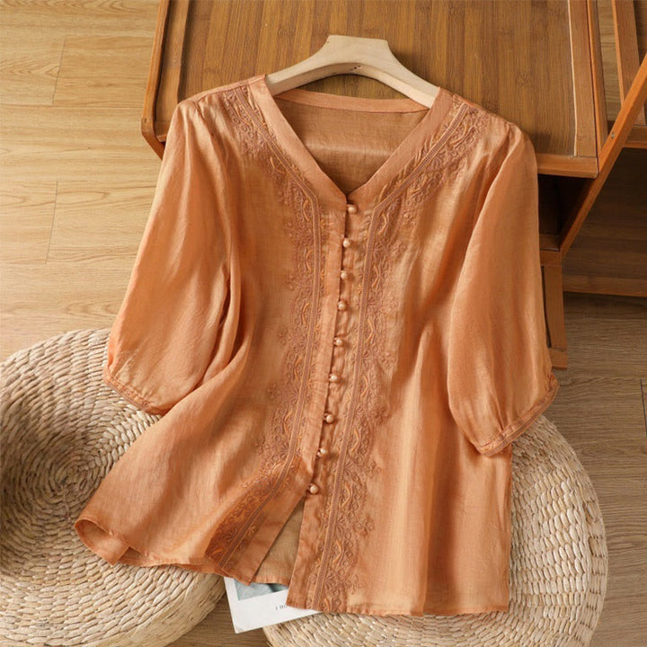 Buddha Stones Casual Embroidery Frog-Button Polyester Half Sleeve Women's V-neck Shirt - SandyBrown - US12，UK/AU16，EU44 (2XL) - image 18