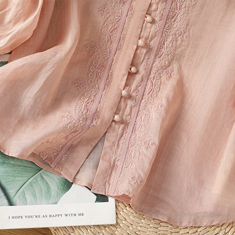 Buddha Stones Casual Embroidery Frog-Button Polyester Half Sleeve Women's V-neck Shirt - image 27