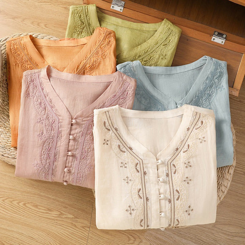 Buddha Stones Casual Embroidery Frog-Button Polyester Half Sleeve Women's V-neck Shirt - image 32