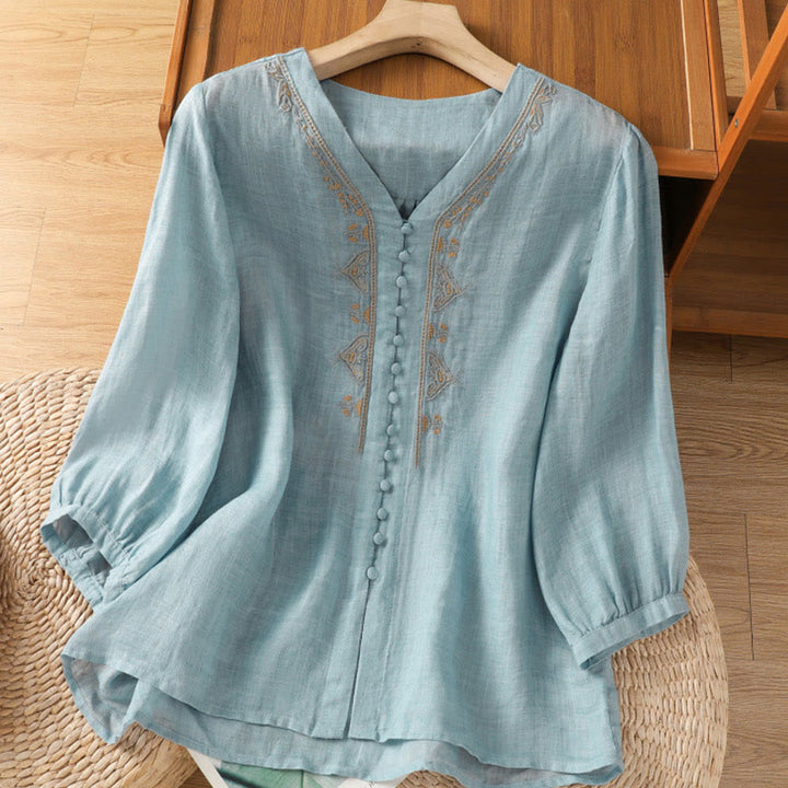 Buddha Stones Casual Embroidery Single Breasted Button Polyester Half Sleeve Women's V-neck Shirt - SkyBlue - US8-10，UK/AU12-14，EU40-42 (2XL) - image 0