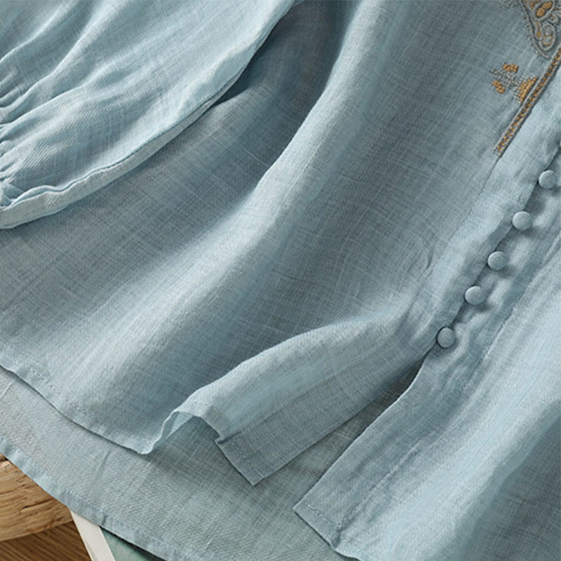 Buddha Stones Casual Embroidery Single Breasted Button Polyester Half Sleeve Women's V-neck Shirt - image 4