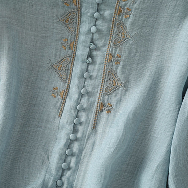 Buddha Stones Casual Embroidery Single Breasted Button Polyester Half Sleeve Women's V-neck Shirt - image 8