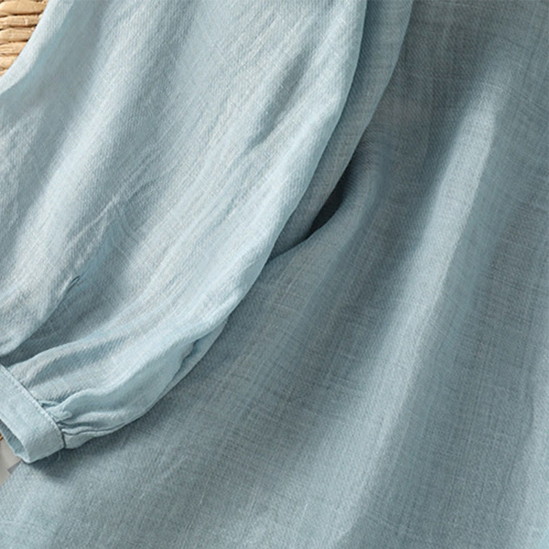 Buddha Stones Casual Embroidery Single Breasted Button Polyester Half Sleeve Women's V-neck Shirt - image 9