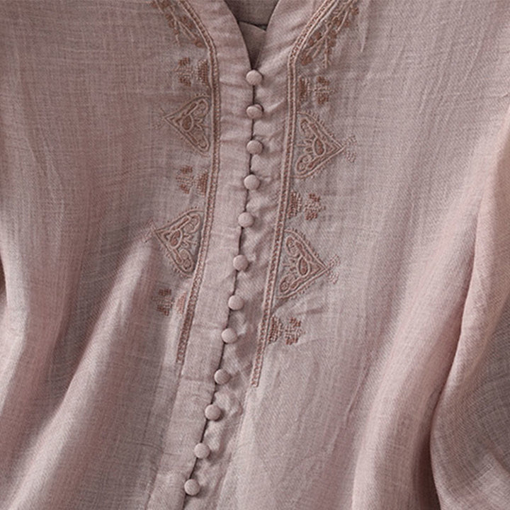 Buddha Stones Casual Embroidery Single Breasted Button Polyester Half Sleeve Women's V-neck Shirt - image 13