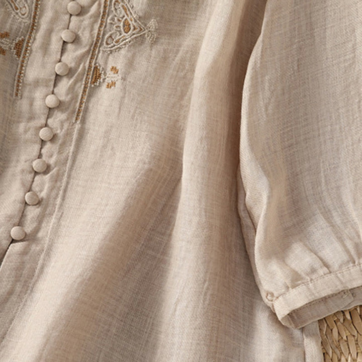 Buddha Stones Casual Embroidery Single Breasted Button Polyester Half Sleeve Women's V-neck Shirt - image 23