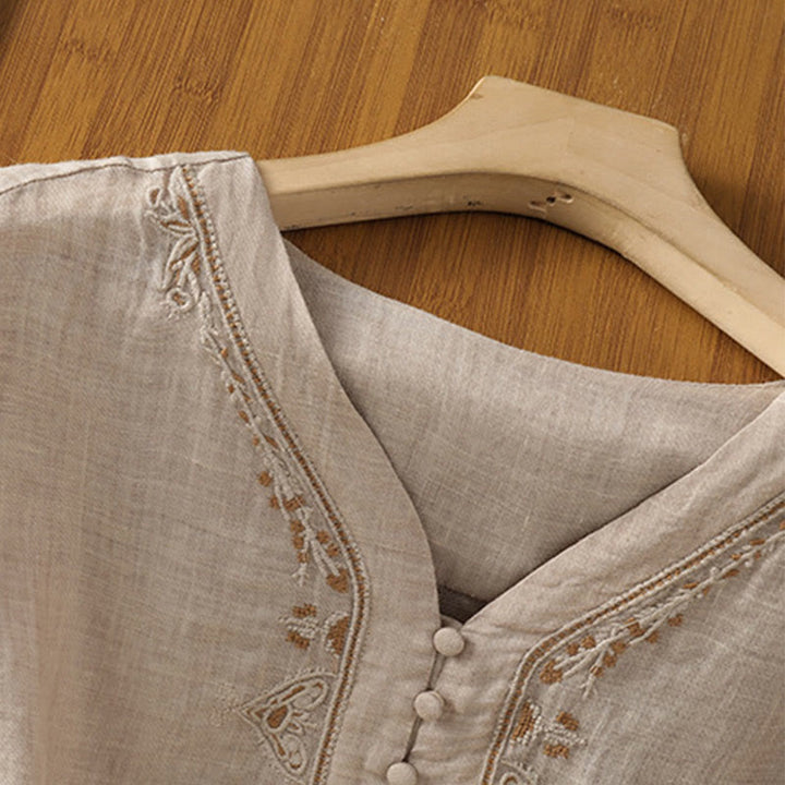 Buddha Stones Casual Embroidery Single Breasted Button Polyester Half Sleeve Women's V-neck Shirt - image 24