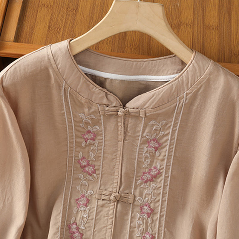 Buddha Stones Casual Embroidery Frog-Button Cotton Polyester Half Sleeve Women's Stand Collar Shirt - image 3