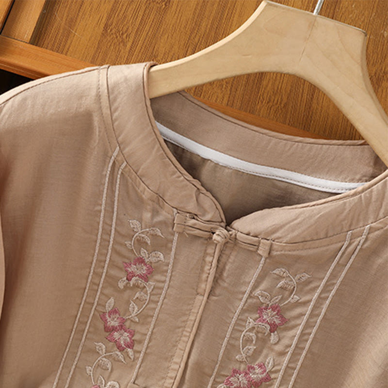 Buddha Stones Casual Embroidery Frog-Button Cotton Polyester Half Sleeve Women's Stand Collar Shirt - image 4