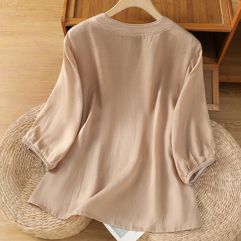 Buddha Stones Casual Embroidery Frog-Button Cotton Polyester Half Sleeve Women's Stand Collar Shirt - image 1