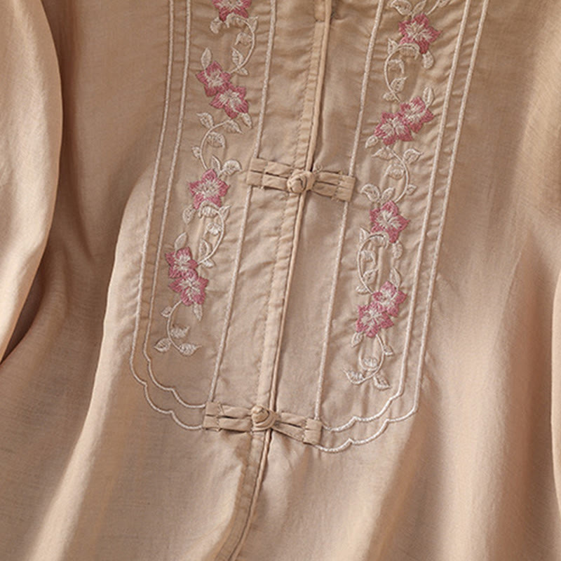Buddha Stones Casual Embroidery Frog-Button Cotton Polyester Half Sleeve Women's Stand Collar Shirt - image 5