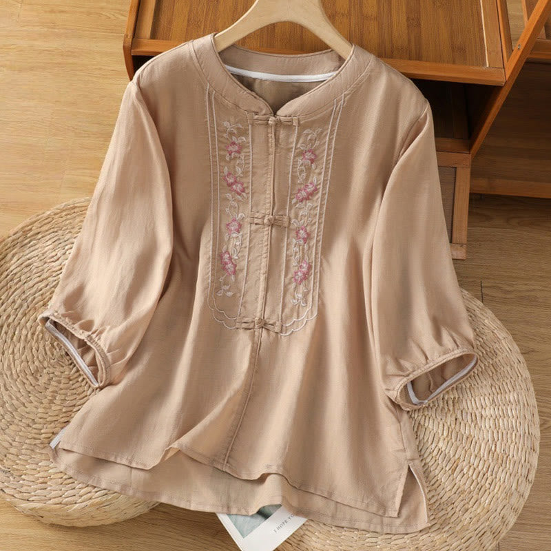 Buddha Stones Casual Embroidery Frog-Button Cotton Polyester Half Sleeve Women's Stand Collar Shirt - PeachPuff - US8-10，UK/AU12-14，EU40-42 (2XL) - image 0