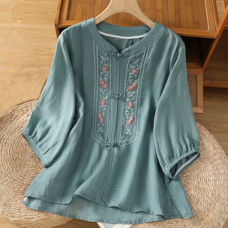 Buddha Stones Casual Embroidery Frog-Button Cotton Polyester Half Sleeve Women's Stand Collar Shirt - CadetBlue - US8-10，UK/AU12-14，EU40-42 (2XL) - image 7