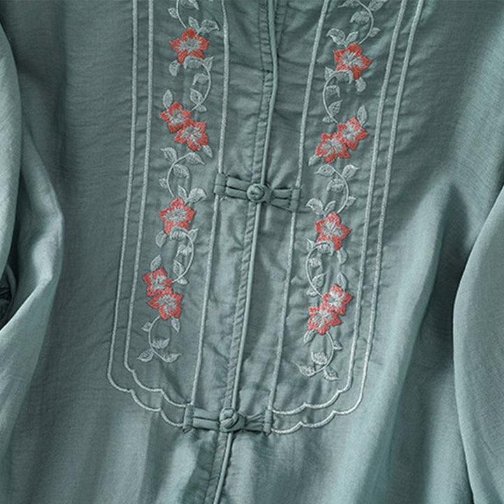 Buddha Stones Casual Embroidery Frog-Button Cotton Polyester Half Sleeve Women's Stand Collar Shirt - image 11