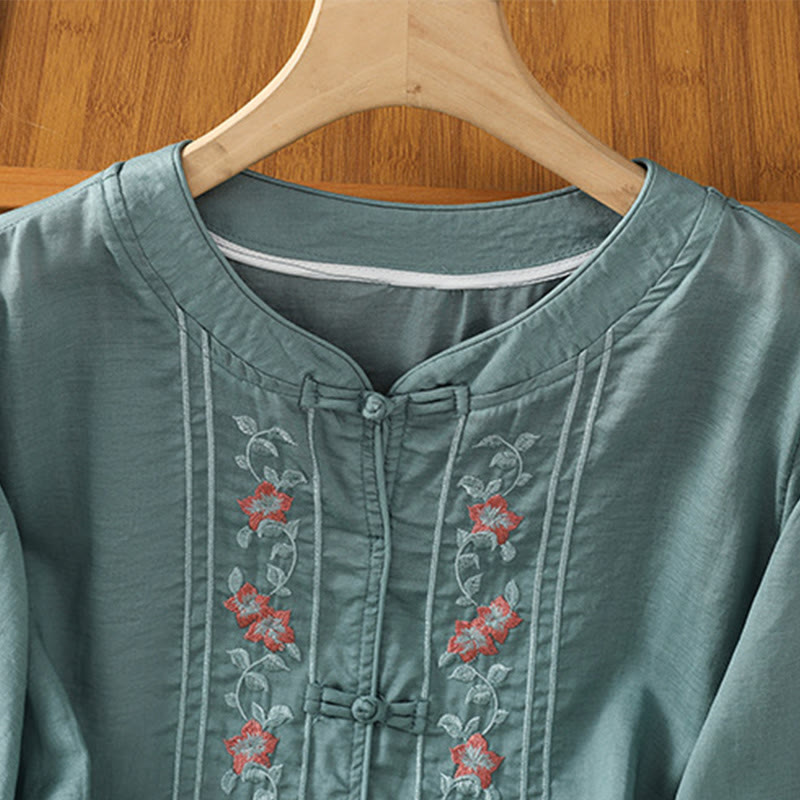 Buddha Stones Casual Embroidery Frog-Button Cotton Polyester Half Sleeve Women's Stand Collar Shirt - image 9